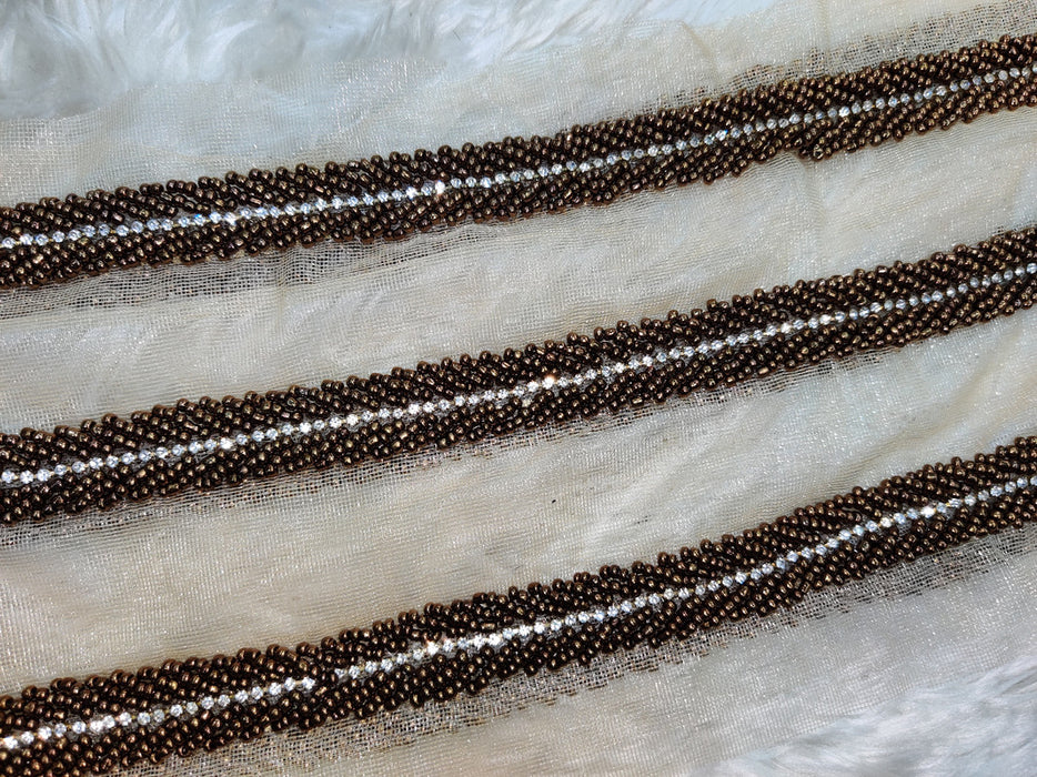 Cocoa Shimmer: Brown Cutdana with Silver Stone Handwork Trim