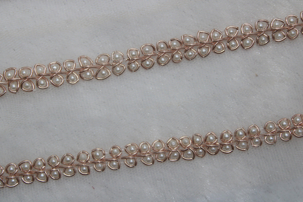 Rose Gold Petals: White Pearl Embellished Handwork Trim