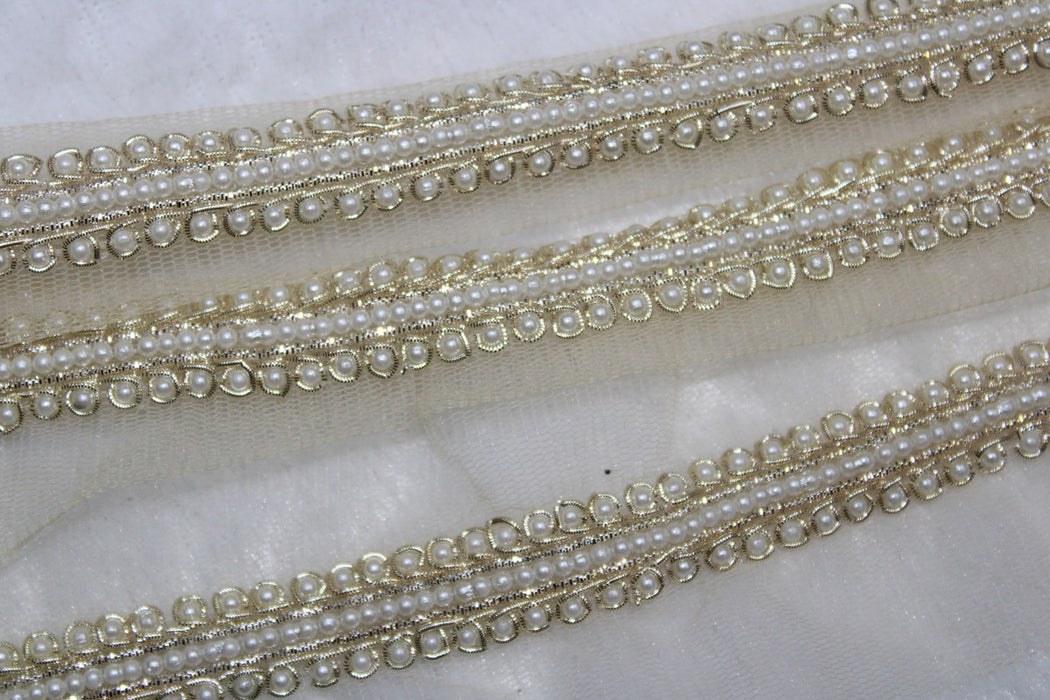 Champagne Pearl Elegance: Light Golden and White Handwork Trim