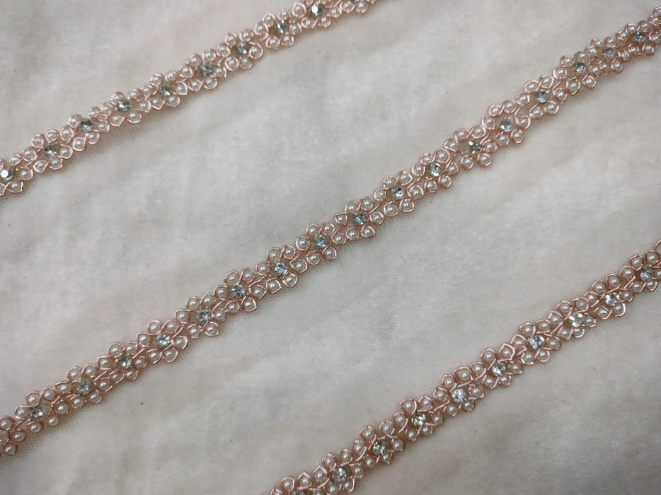 Rose Gold Elegance: Floral Pearl Handwork with Rose Gold Zari