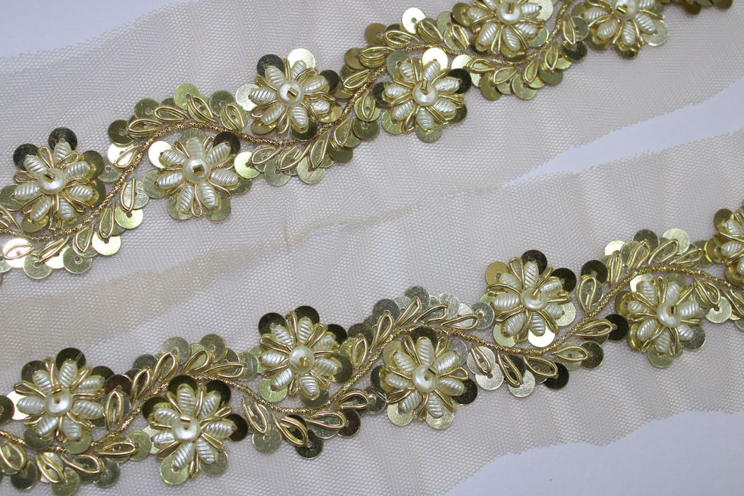 Golden Floral Splendor: Embellished Handwork Trim