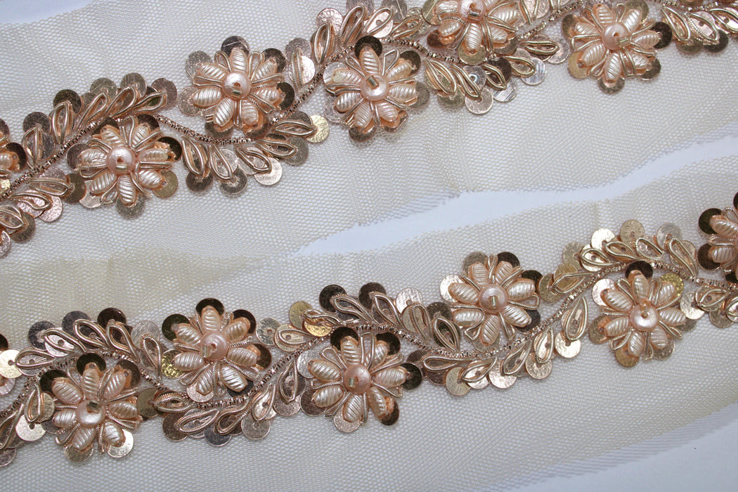 Rose Gold Floral Elegance: Embellished Handwork Trim