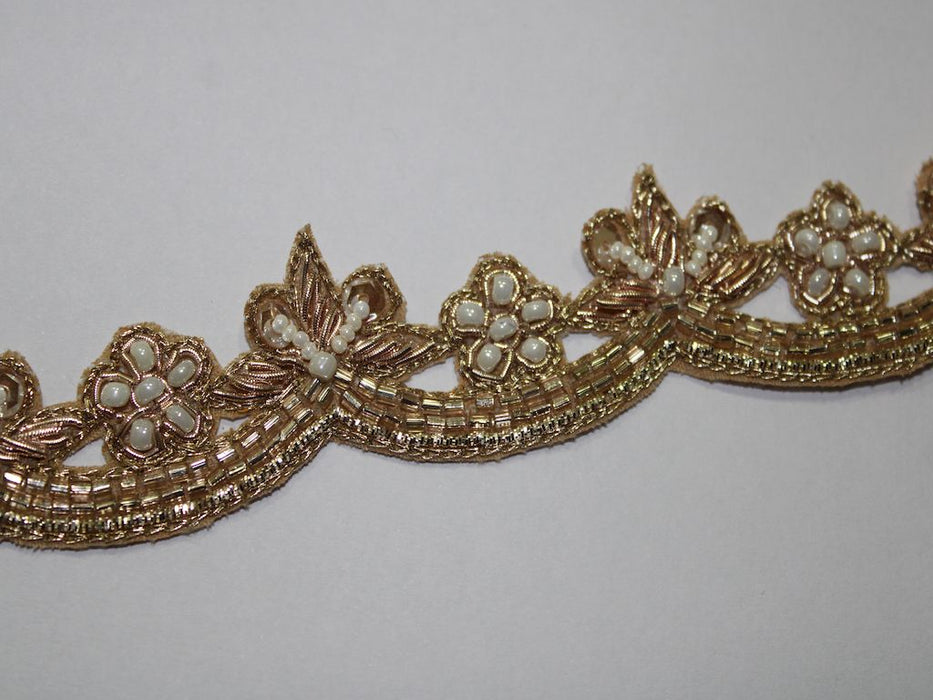 Golden Splendor: Zari, Cutdana, and White Pearl Handwork Trim