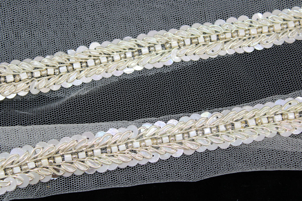 Snowflake Elegance: Ivory Sequin, White Zari, and Bead Handwork Trim