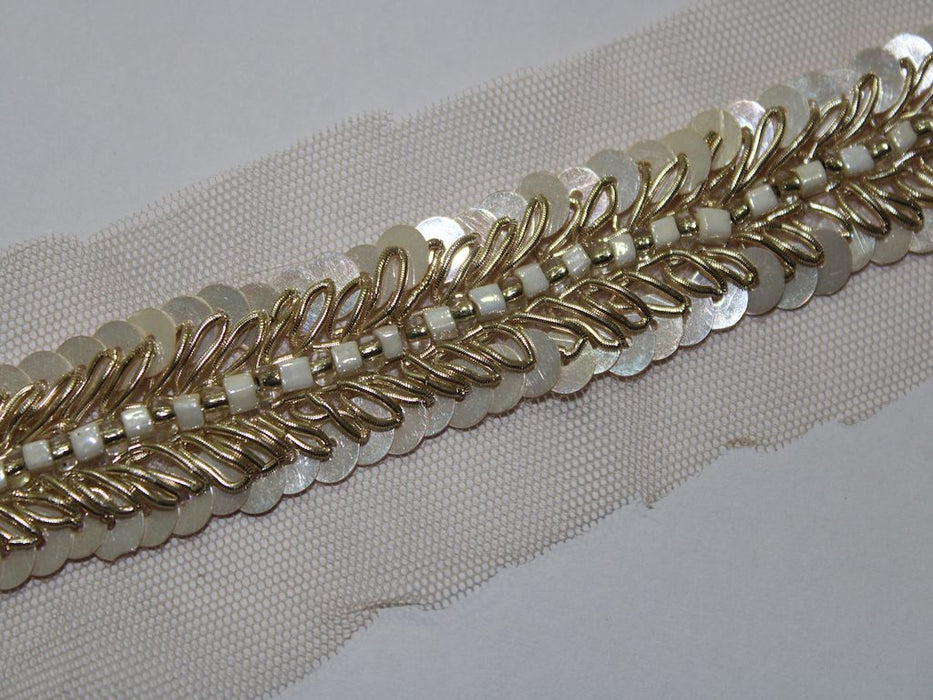 Ivory Opulence: Sequin and Golden Zari Trim with White Beads