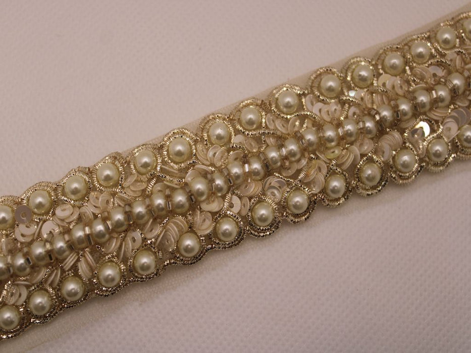 Pearl and Sequin Radiance: Golden Zari Handwork Trim