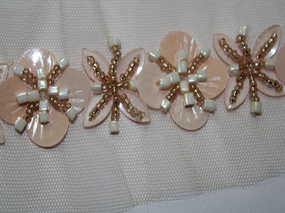 Blush Radiance: Soft Pink Sequin and Golden- White Beads Handwork Trim