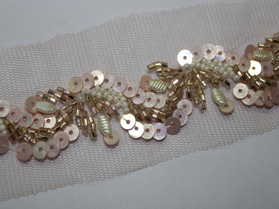 Blush Radiance: Soft Pink Sequin and Golden Beads Handwork Trim