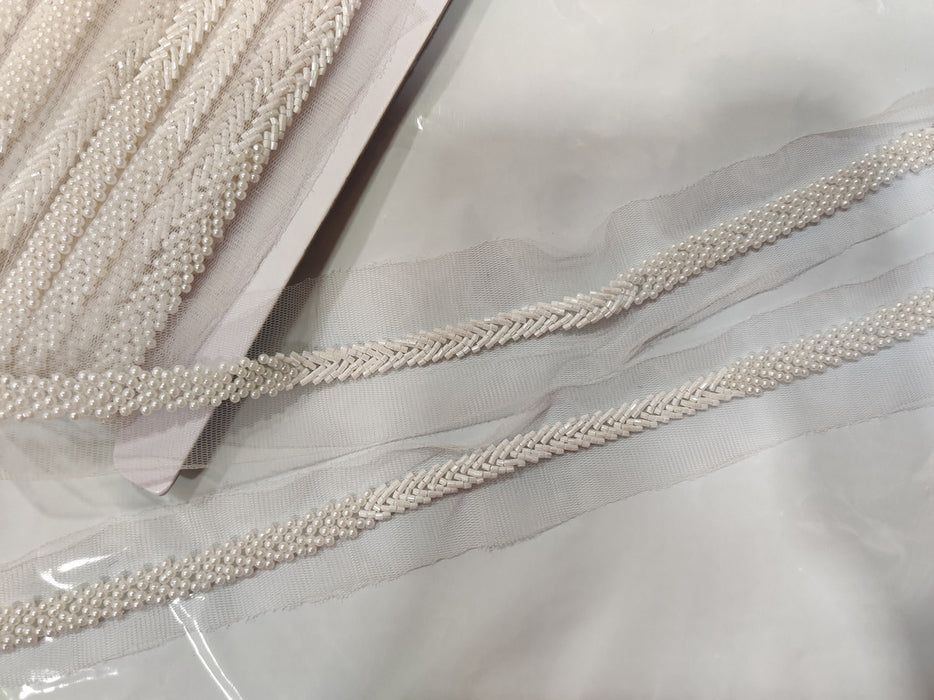 Crystal Elegance: White Pearl and Cutdana on Transparent Net Handwork Trim