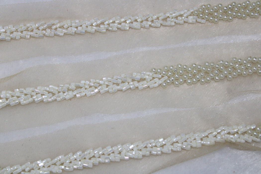 Opal Glow: Off-White Pearl and Cutdana on Off-White Net Handwork Trim