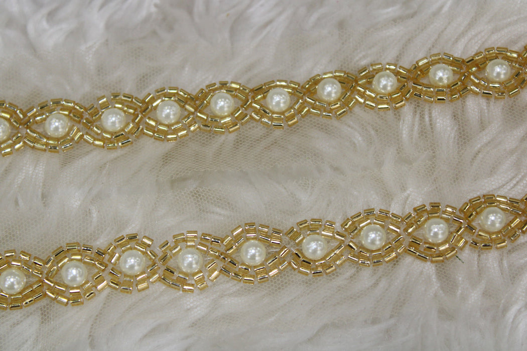 Golden Gleam: Cutdana and White Pearl Handwork Trim