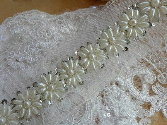 Whispering Petals: Floral Handwork Trim with White Beads