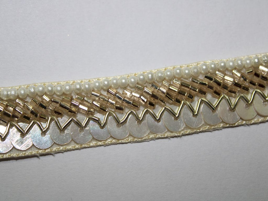 Golden Elegance: White Sequin, Golden Zari Work, Golden Cutdana, and White Pearl Trim