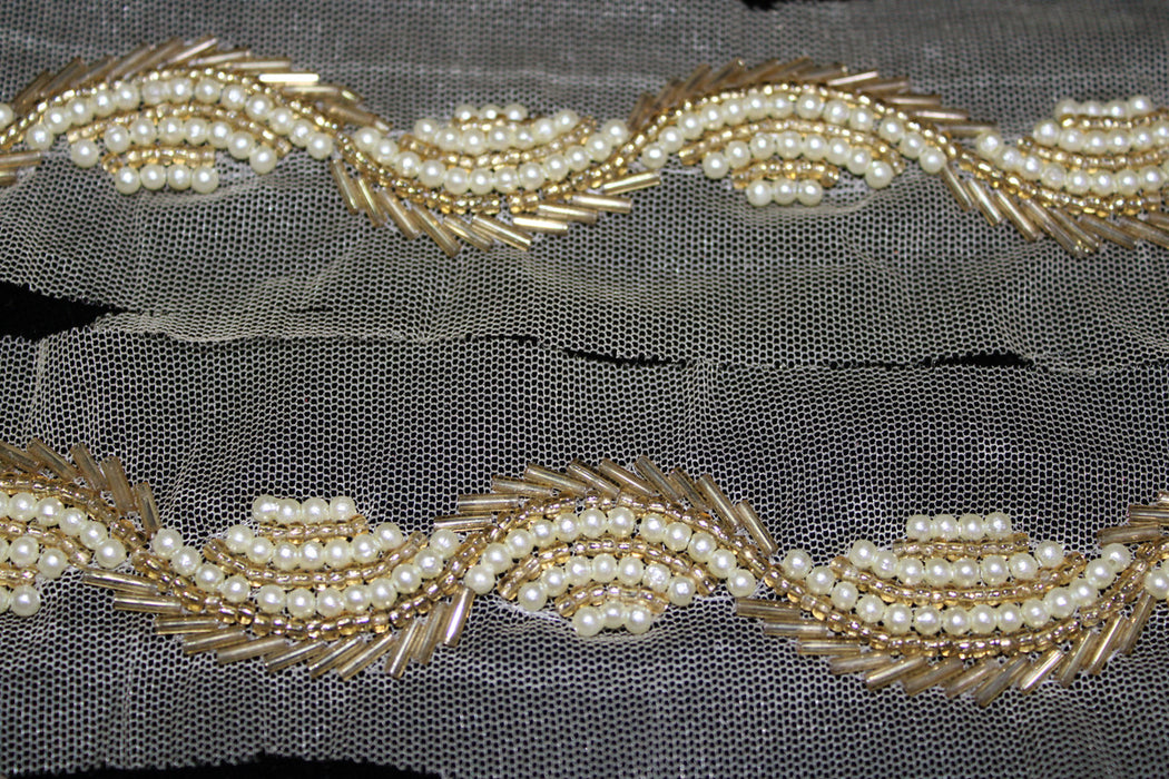 Golden Luster: Zari and White Pearl Handwork Trim