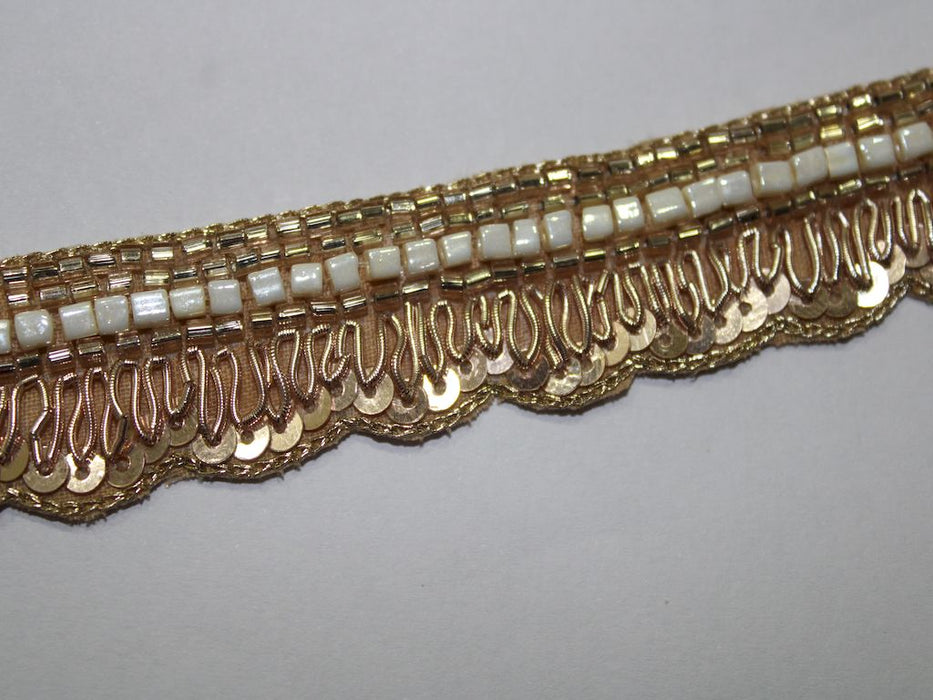 Rose Gold Radiance: Sequin, Zari, and White Beads Handwork Trim