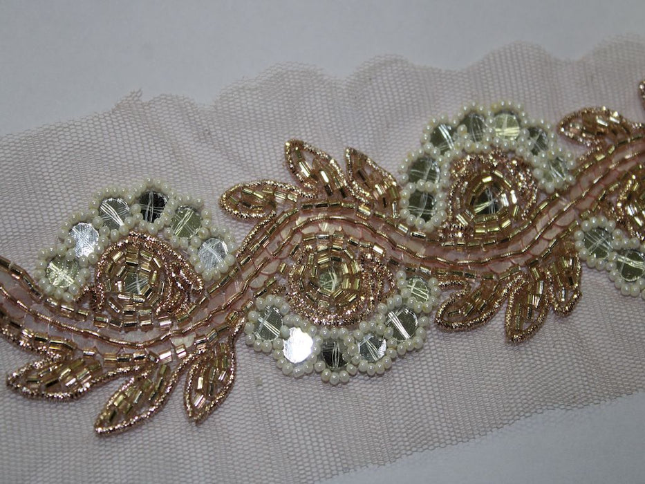 Rose Gold Radiance: Zari with Gold Cutdana and White Pearl Handwork Trim