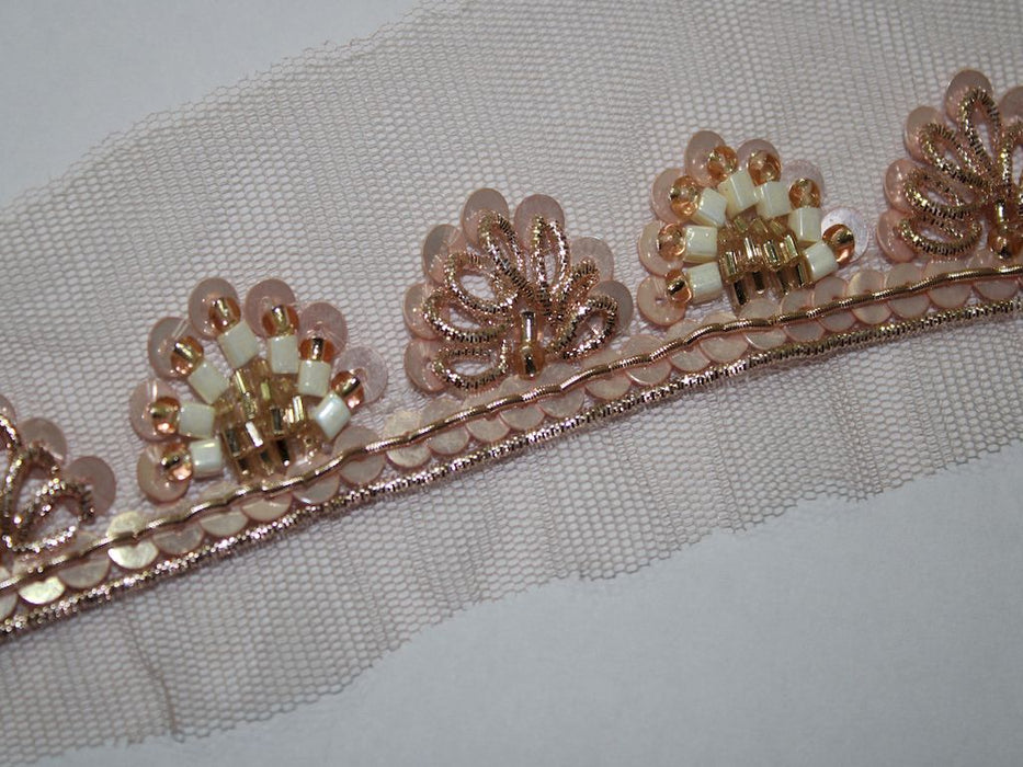 Blush Elegance: Rose Gold Zari with Soft Blush Sequin, White Beads, and Zari Handwork Trim