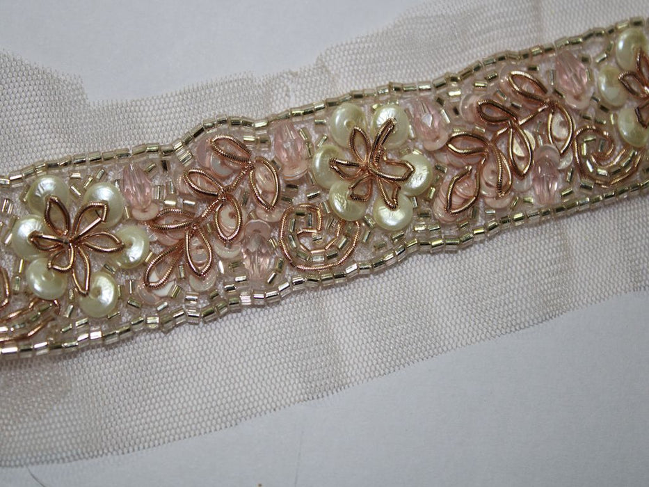 Blush Radiance: Rose Gold Zari with Soft Pink Sequin and White Pearl Handwork Trim