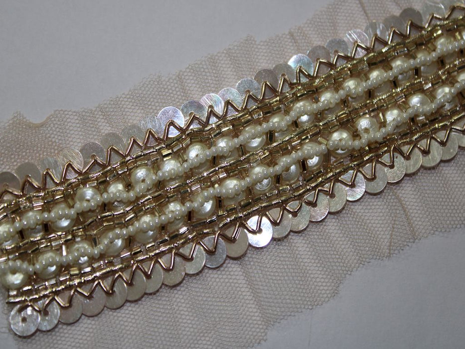 Rose Gold Elegance: Ivory Sequin, Pearl Button, and White Pearl Handwork Trim