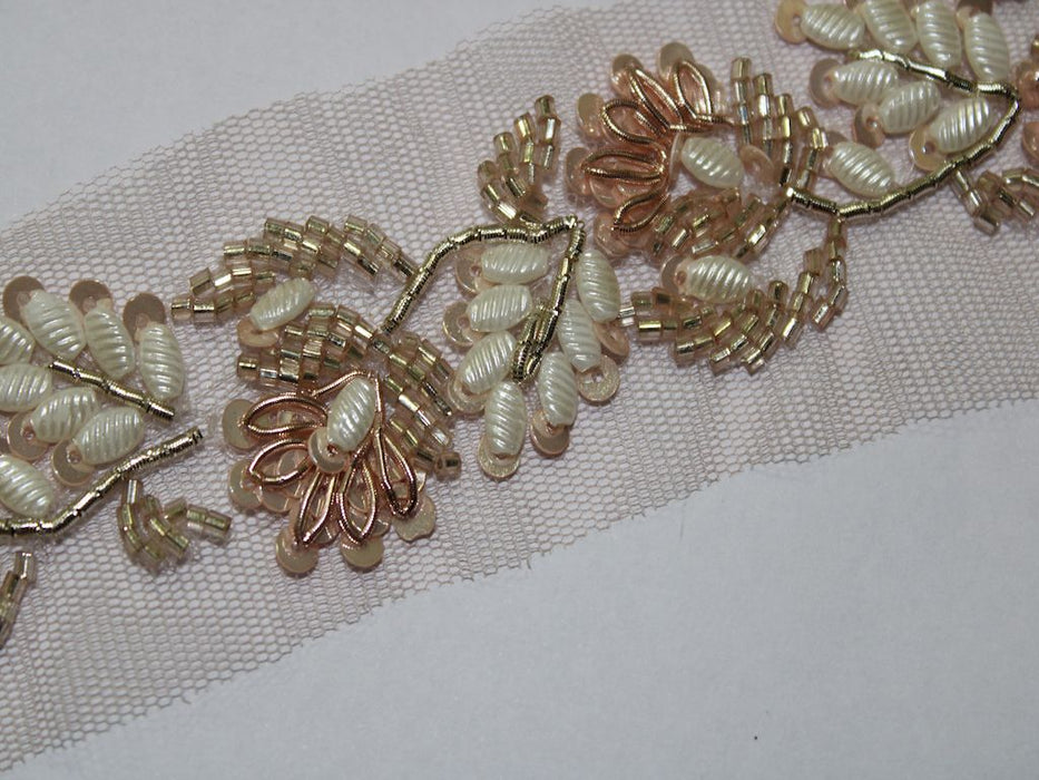 Blush and Gleam: Rose Gold Zari with White Beads and Blush Sequin Handwork Trim