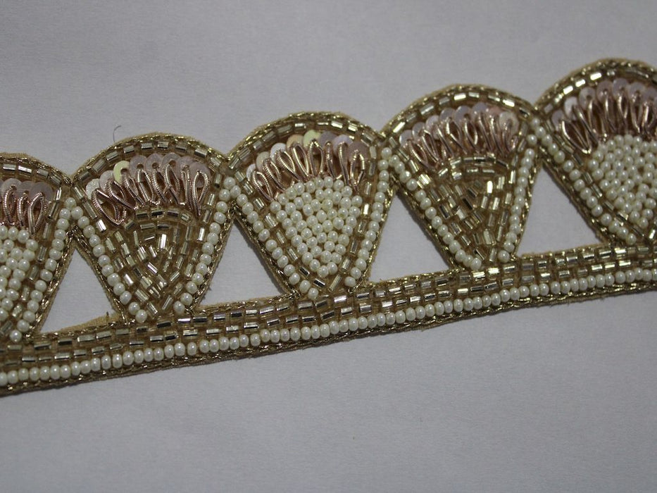 Rose Gold Elegance: Zari, Sequin, Cutdana, and Pearl Handwork Trim