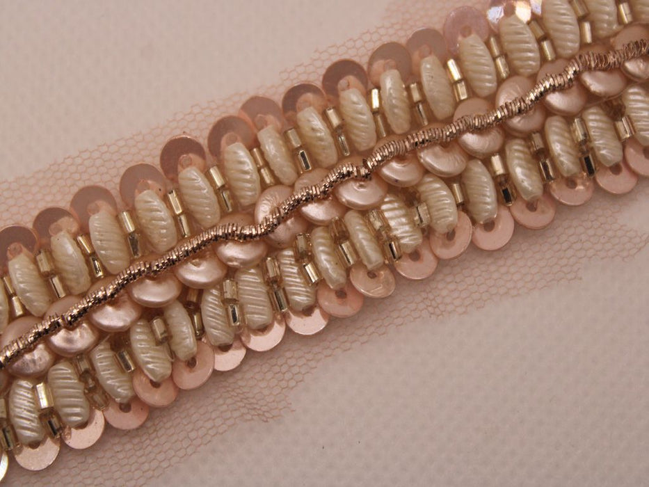 Rose Gold Radiance: Zari with White Beads and Soft Sequin Handwork Trim