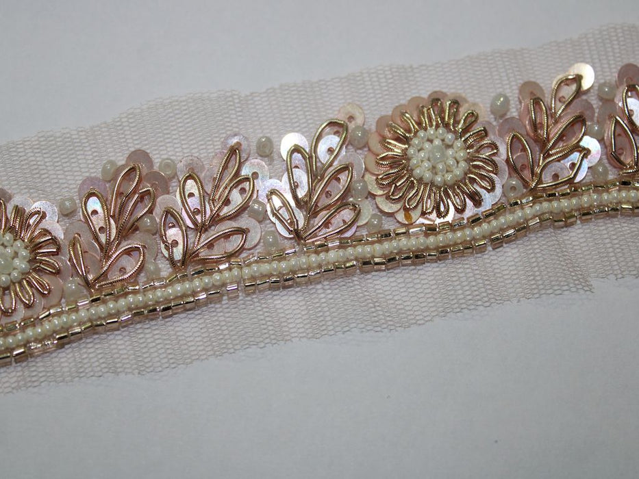 Blush and Gold Elegance: Soft Pink Sequin with Rose Gold Zari, White Pearl, and Golden Cutdana Handwork Trim