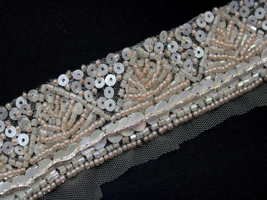 Ivory Whispers: Sequin with Peach Beads and Transparent White Cutdana Handwork Trim