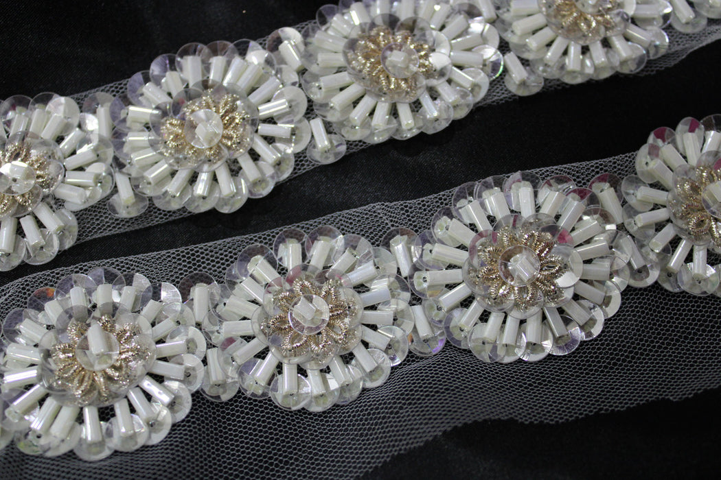 Floral Elegance: White Beads with Transparent Sequin and Zari Handwork Trim