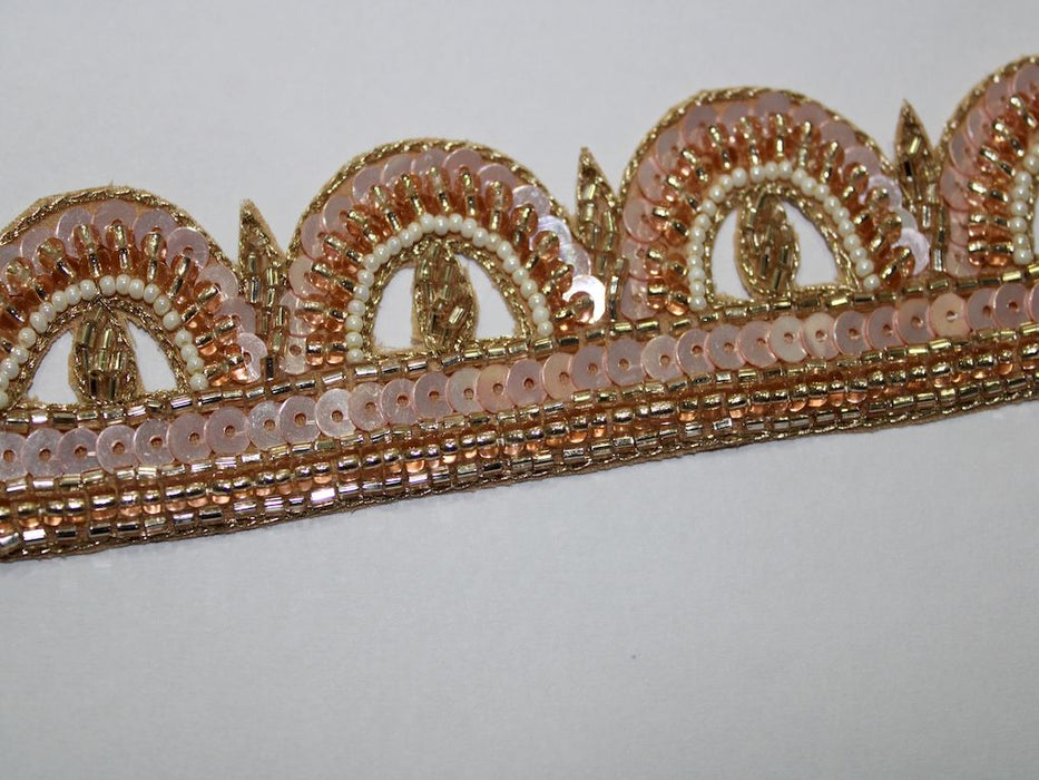 Gilded Scallops: Soft Sequin and Rose Gold Cutdana with White Pearl Handwork Trim