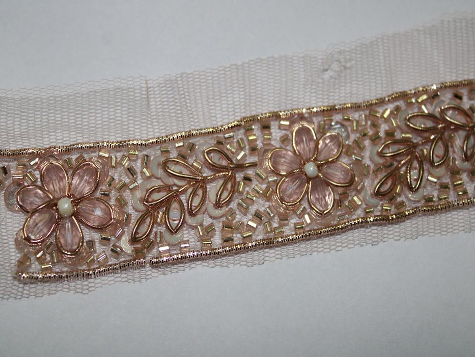 Rose Pink Blooms: Floral Beads with Rose Gold Zari and Golden Cutdana Handwork Trim