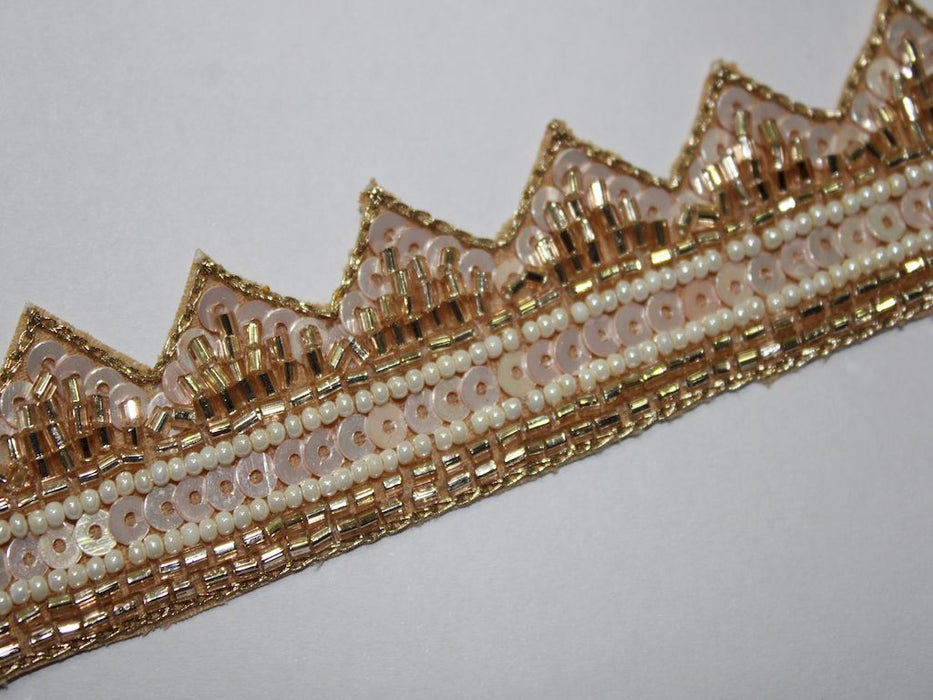 Blushing Elegance: Soft Pink Sequin with White Pearl and Golden Cutdana Handwork Trim