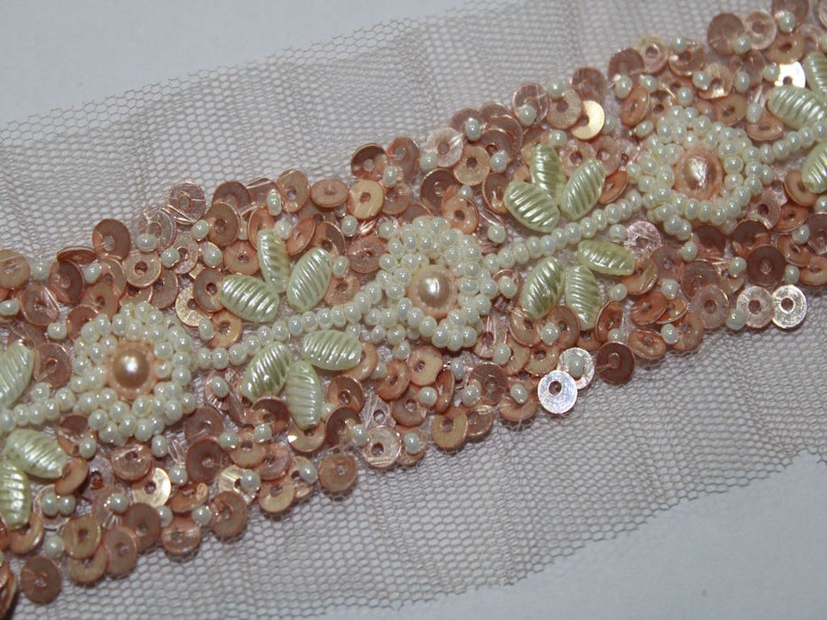 Gentle Peach: Soft Sequin with White Beads and Pearl Handwork Trim