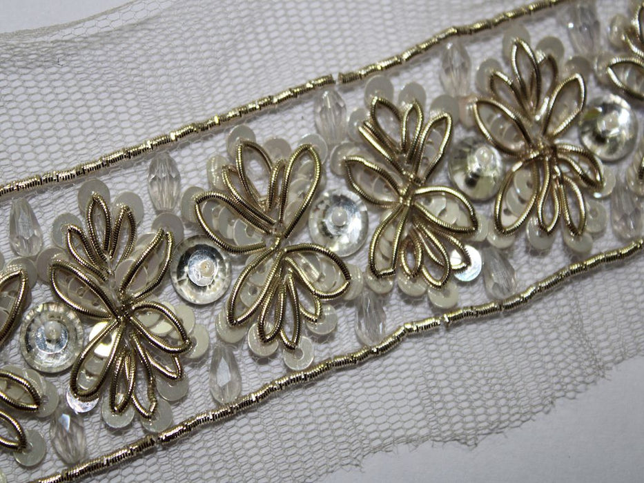 Golden Elegance: Zari with White Pearl and Transparent Drops Handwork Trim