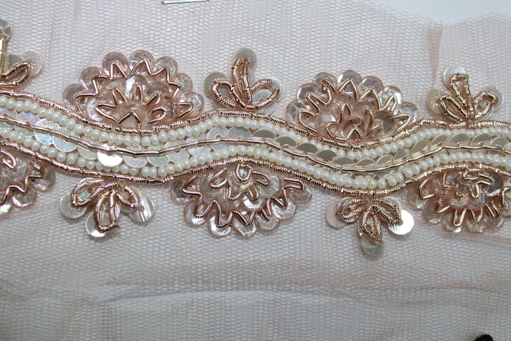 Rose Gold Opulence: Zari with Rose Pink and Ivory Sequin, White Pearl Handwork Trim