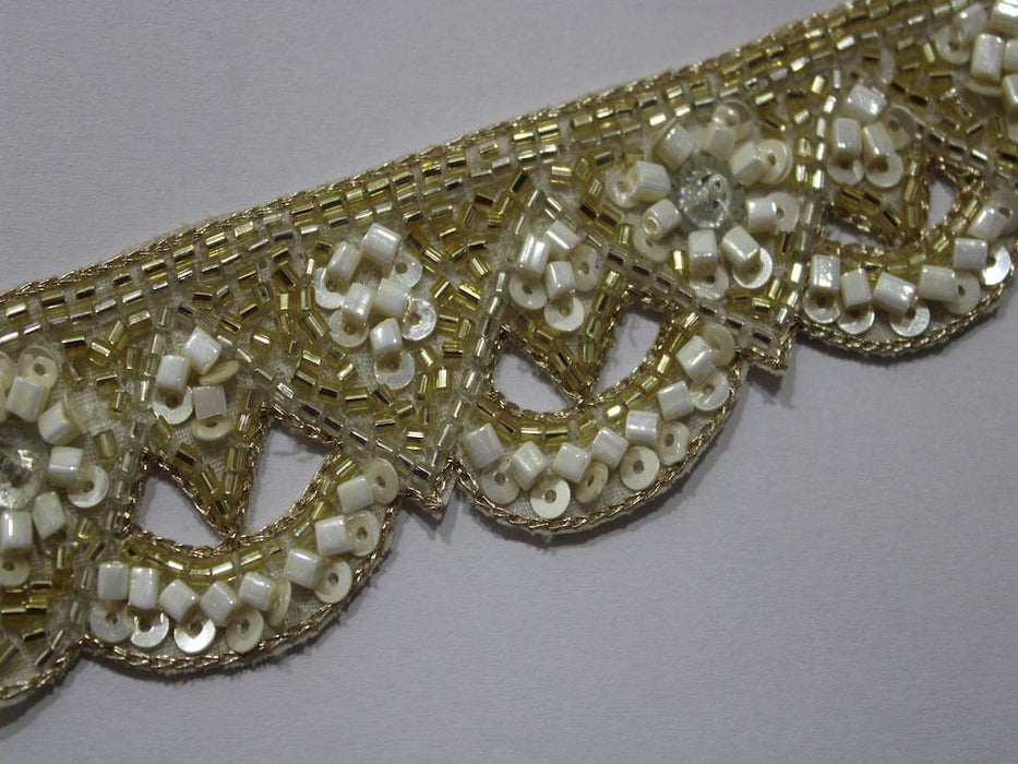 Ivory Elegance: Sequin and White Beads with Light Gold Cutdana Handwork Trim