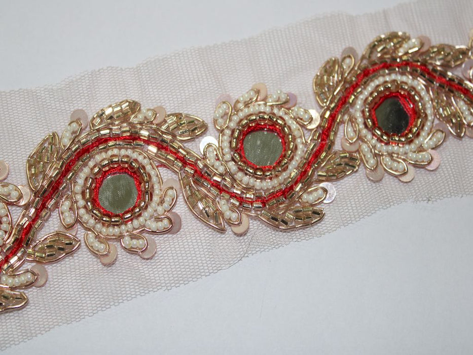 Pearl and Rose Gold Elegance: Sequin and Red Thread Handwork with Zari