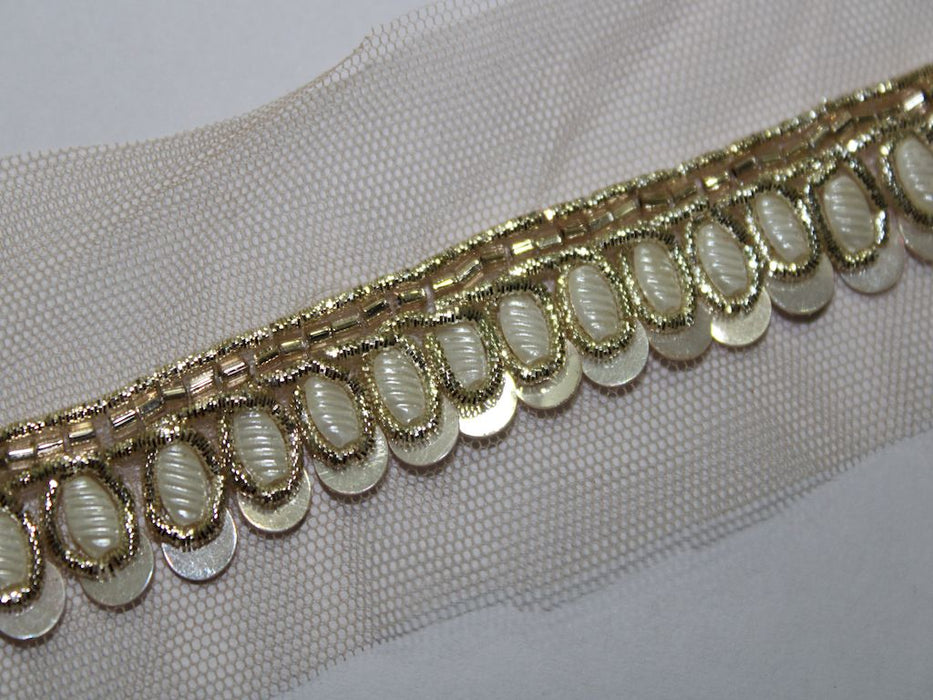 Gilded Ivory: White Beads with Golden Zari and Ivory Sequin Handwork Trim