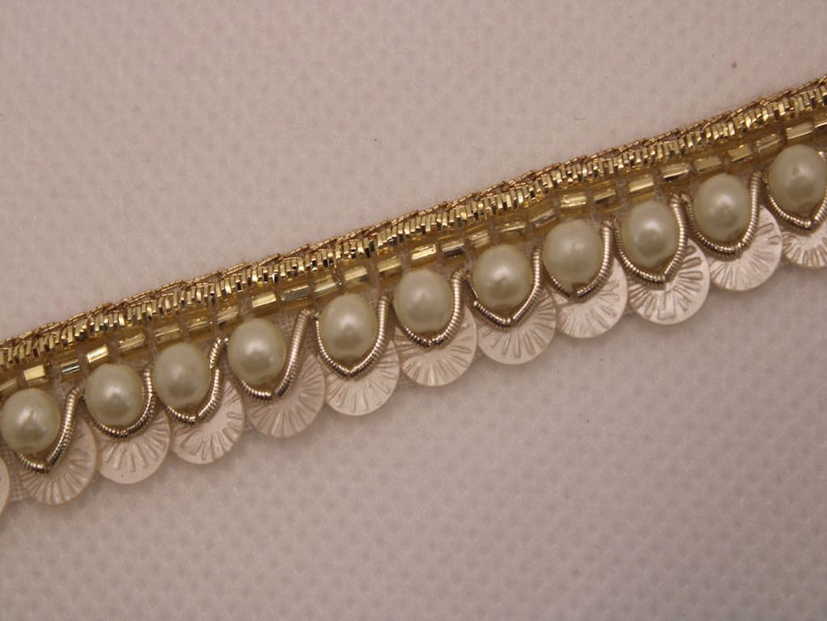 Pearl Elegance: White Pearl with Golden Zari and Cutdana Handwork Trim