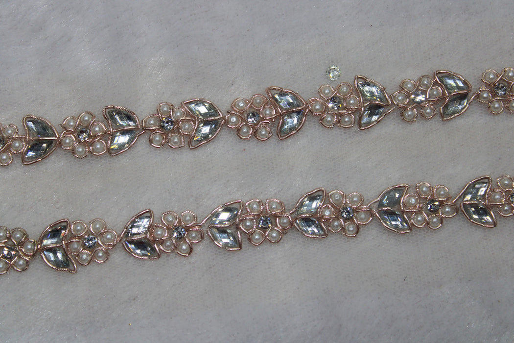 Rose Gold Petals: Floral White Pearl with Zari Handwork Trim