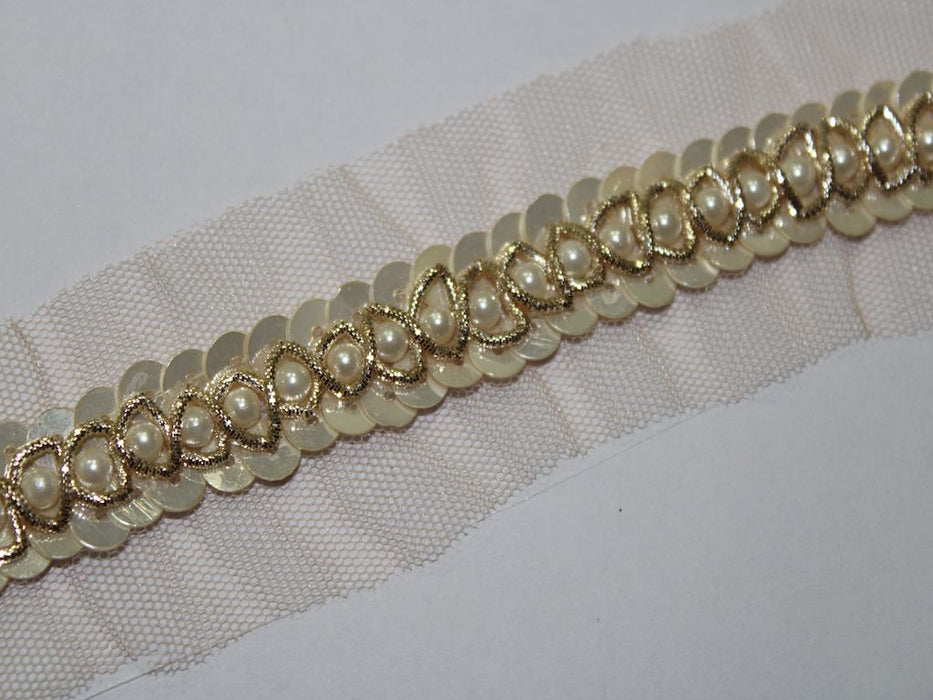 Ivory Shimmer: White Pearl and Ivory Sequin with Golden Zari Handwork Trim