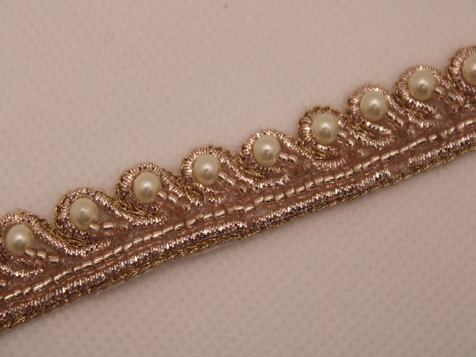 Rose Gold Elegance: White Pearl with Zari Handwork Trim