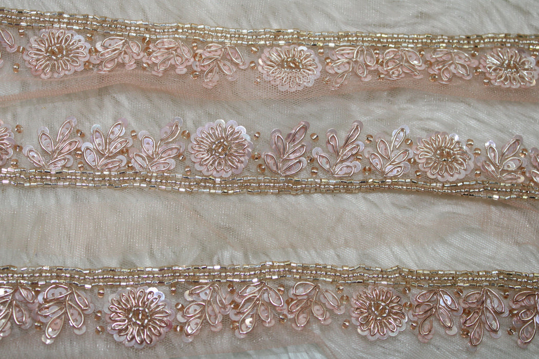 Peach Splendor: Sequin and Zari Handwork Trim