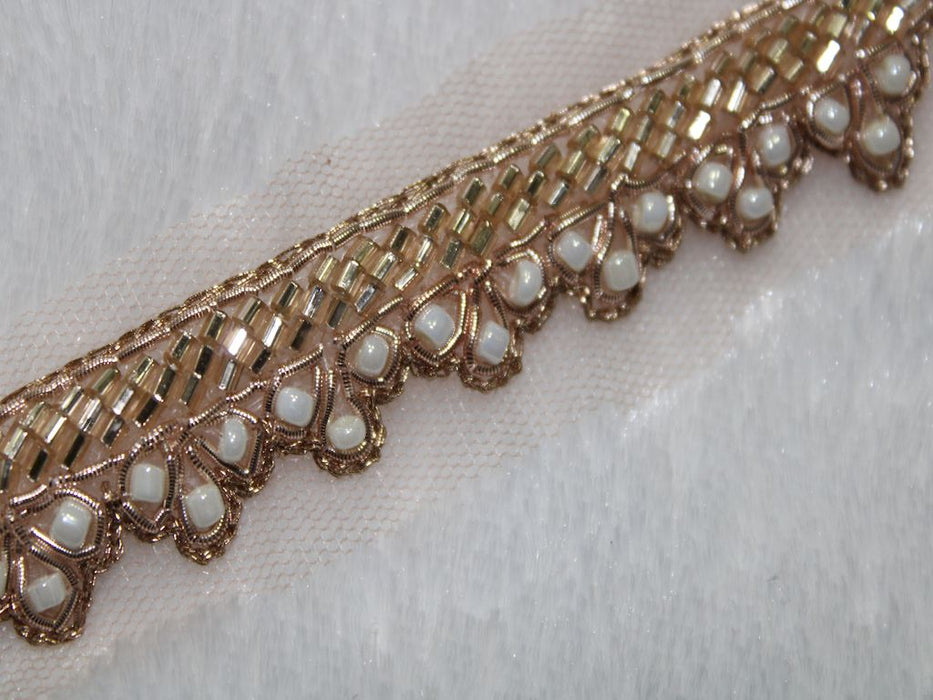 Rose Gold Whispers: Zari with White Beads Handwork Trim