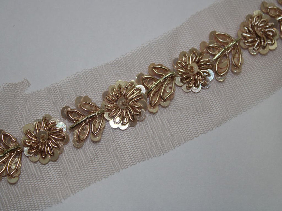 Golden Blossoms: Floral Sequin and Zari Handwork Trim