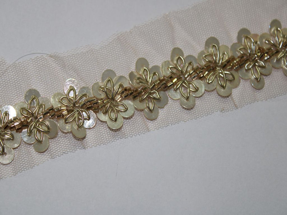 Ivory Elegance: Golden Zari and Sequin Handwork Trim