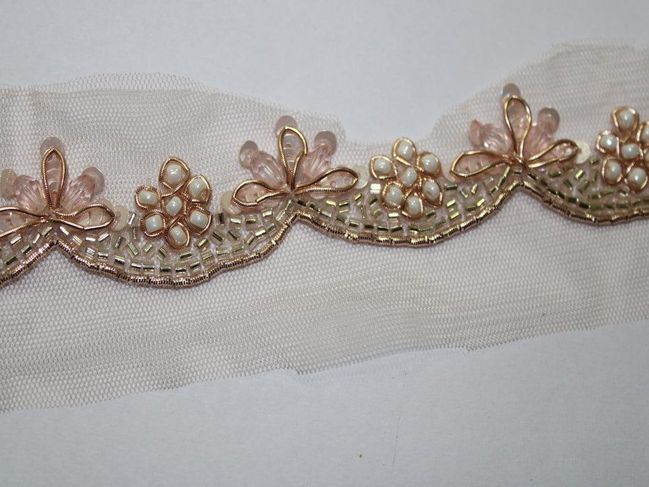 Floral Radiance: White Beads with Rose Gold Zari and Cutdana Handwork Trim