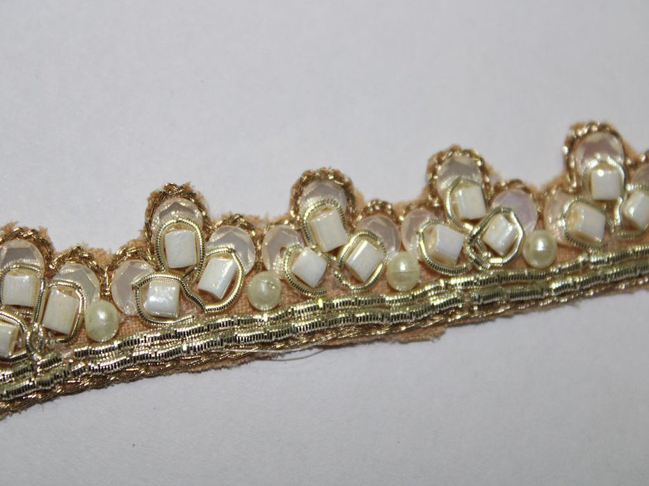 Golden Ivory Elegance: White Beads with Ivory Sequin and Golden Zari Handwork Trim