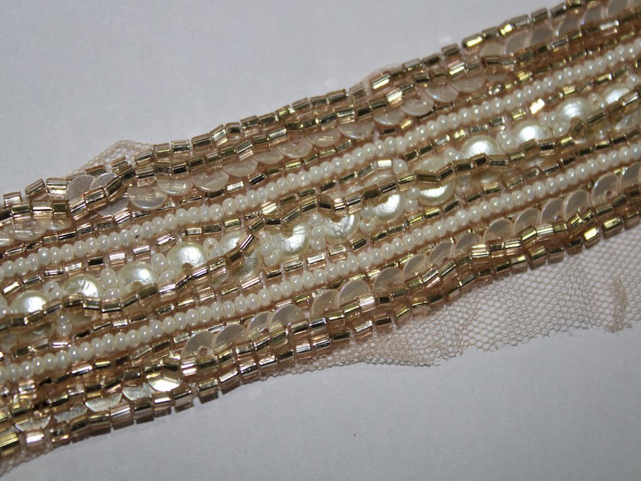 Golden Opulence: Cutdana with White Pearl and Sequin Handwork Trim