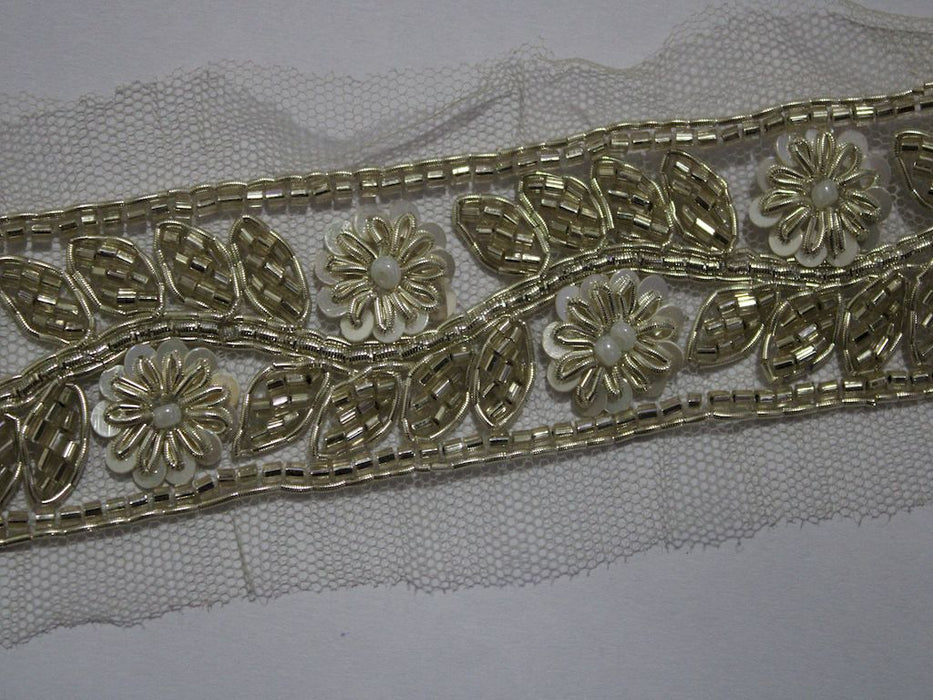 Silver Blooms: Floral Silver Zari with Ivory Sequin Handwork Trim